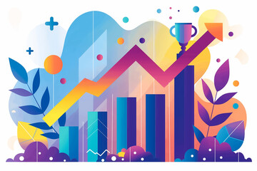 Poster - A vibrant graphic displays a rising bar graph alongside a trophy, representing growth, achievement, and success in the business sector, with abstract shapes and colors enhancing the visual appeal