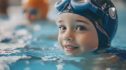 Child in swimming gear gently kissing the pool water, capturing the joy of swimming lessons.