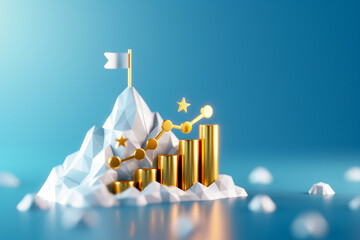 Poster - This visual represents a stylized mountain with a golden growth chart and flag, signifying achievement and progress against a serene blue backdrop