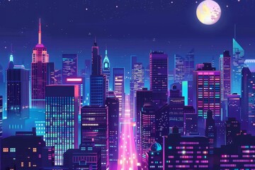 Leinwandbilder - city at night with full moon, bustling futuristic cityscape at night with neon lights