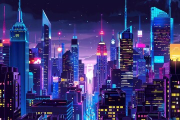 Leinwandbilder - city at night with full moon, bustling futuristic cityscape at night with neon lights