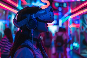 Leinwandbilder - woman wearing virtual reality headset in neon room, Futuristic cityscape with neon lights and holograms