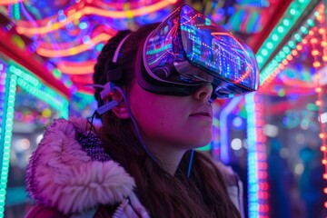 Leinwandbilder - woman wearing virtual reality headset in neon room, Futuristic cityscape with neon lights and holograms