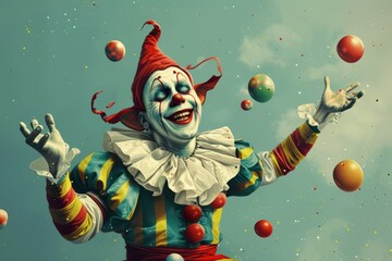 clown juggling with balloons in the sky, cartoonish depiction of jester juggling marbles in mid air