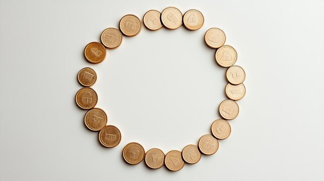 Coins arranged in a circular pattern on a minimalist background, clean design with space for text or graphics