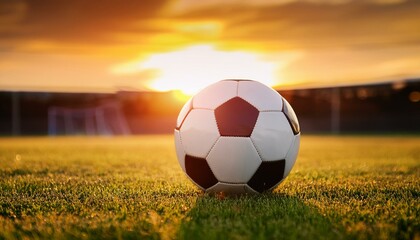 Soccer ball at the kickoff of a game with sunset