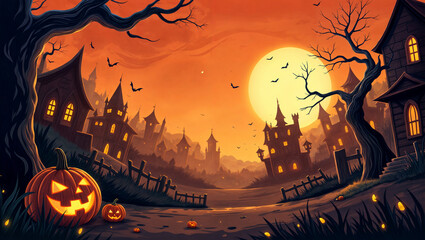 Wall Mural - A Halloween scene with a pumpkin and a moon in the sky