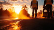 © Chopang.studio - Construction workers paving a road at sunrise, creating a dramatic silhouette scene with vibrant colors and dynamic light effects.