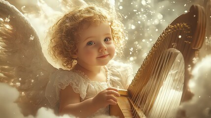  Cherubic angelic child playing a harp surrounded by heavenly light.