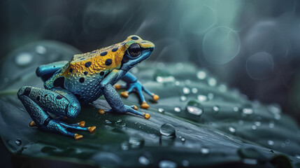 A striking close-up of a poison dart frog sitting on a leaf, its skin displaying iridescent blues and yellows with intricate patterns