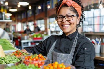 Smiling Latina chef preparing fresh vegetables in a modern kitchen.