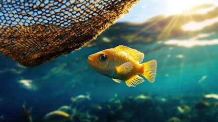 Wall Mural - A yellow fish is swimming in a net in the ocean