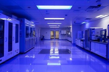 Poster - long hallway with bunch of cabinets and blue light, cool, sterile environment filled with the steady hum of technology