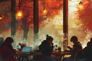 Aufkleber - group of people sitting at table in cafe, cozy cafe scene depicts patrons sipping coffee while tapping away on their laptops, lost in their digital worlds