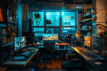 Poster - room with desk, computer, and window, cyberpunk office space with virtual desktops and augmented reality workstations
