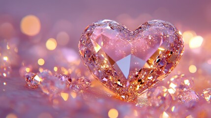 Shiny diamond heart-shaped jewelry glowing with golden sparkles, set against a soft pink tone for a luxurious feel.