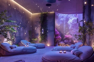 Aufkleber - room with lot of pillows and lights, digital spwith virtual relaxation experiences and personalized wellness programs