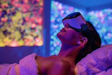 Fototapete - room with lot of lights on the floor, digital spwith virtual relaxation experiences and personalized wellness programs