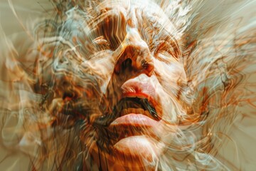 Fototapete - woman with her face obscured by blurry photo, distorted face expressing frustration and confusion