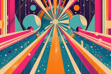 Poster - colorful poster with space theme, disco themed artwork featuring retro typography and funky illustrations