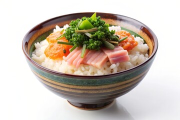 Delicious Japanese Rice Bowl with Ham, Seaweed, and Vegetables - A bowl of white rice topped with ham, seaweed, and vegetables, showcasing a traditional Japanese meal with vibrant colors and textures.