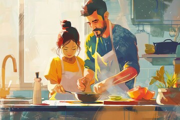 man and little girl cooking in kitchen, father and daughter cooking together in the kitchen illustration