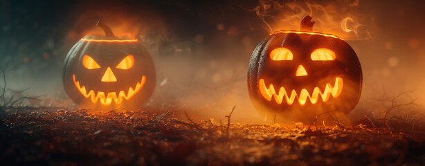 Two glowing jack-o-lanterns with eerie expressions surrounded by fog. spooky Halloween