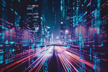 Leinwandbilder - city with many lights and buildings, futuristic cityscape with neon lights and holographic projections