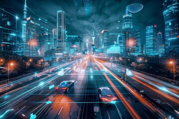 Leinwandbilder - city with many lights and cars on it, futuristic city skyline with holographic billboards and flying cars