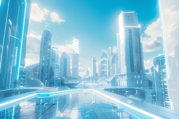 Wall Mural - futuristic city with skyscrapers and blue sky, Futuristic cityscapes with sleek architecture and flying vehicles