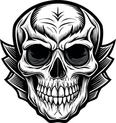 A black and white drawing of a skull with a black outline