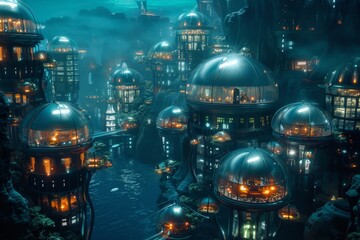 Leinwandbilder - futuristic city with lot of lights, futuristic underwater research facility