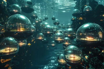 Leinwandbilder - futuristic city with lot of lights, futuristic underwater research facility