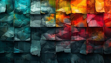 Wall Mural - Abstract geometric shapes in shades of teal, orange and red are arranged to form newspaper texture cutouts, creating an artistic composition that evokes the idea of storytelling through text.