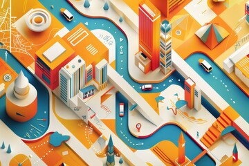 Leinwandbilder - colorful city with lot of buildings and lot of cars, graphic designer crafts dynamic infographic with vector elements