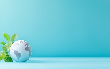 Image of Globe with green leaves on a blue background.