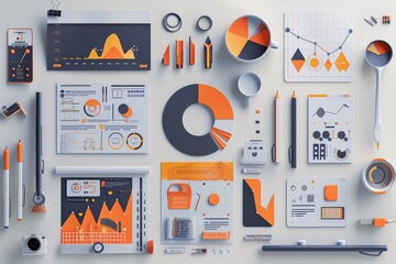 Aufkleber - man sitting at desk with computer, graphic designer crafts dynamic infographic with vector elements
