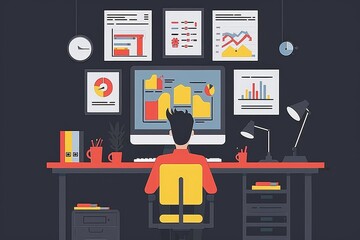 Aufkleber - man sitting at desk with computer, graphic designer crafts dynamic infographic with vector elements