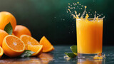 Freshly squeezed orange juice in a glass with whole and sliced oranges on a dark background, showcasing vibrant citrus splashes.