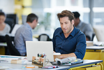 Aufkleber - Coworking, business man and laptop in office for research, online inspiration and ideas for website creation. Career, male person or graphic designer with computer for connection, solution and typing