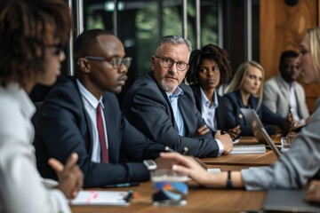 Aufkleber - group of people sitting around table in room, group of suited business people in conference room discussing strategy