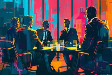 Aufkleber - group of people sitting around table in room, group of suited business people in conference room discussing strategy
