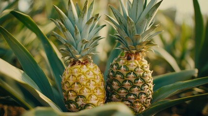 Close-up two pineapple fruits in pineapple farming