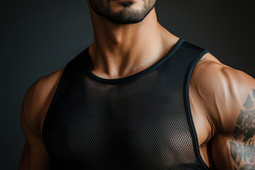 Athletic Young Man in Black Mesh Tank Top, Tattooed Arm - Fitness Apparel Photoshoot