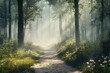 © zetrum - Misty forest path with tall trees and soft sunlight filtering through, serene and enchanting