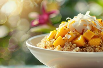 Wall Mural - Healthy Quinoa Breakfast Bowl with Fresh Mango and Coconut Flakes - Nutritious Morning Meal Idea