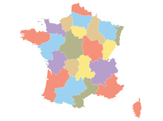  Map of France by region in different colors.