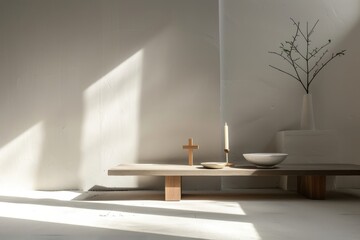 Poster - white room with table and vase, minimalist design focusing on the simplicity of communion elements