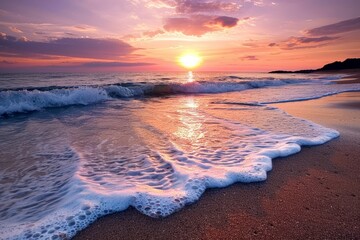 Poster - beach with waves crashing on the shore, peaceful coastline at sunset, with gentle waves lapping against the shore