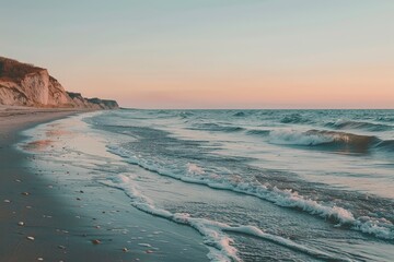 Poster - beach with waves crashing on the shore, peaceful coastline at sunset, with gentle waves lapping against the shore